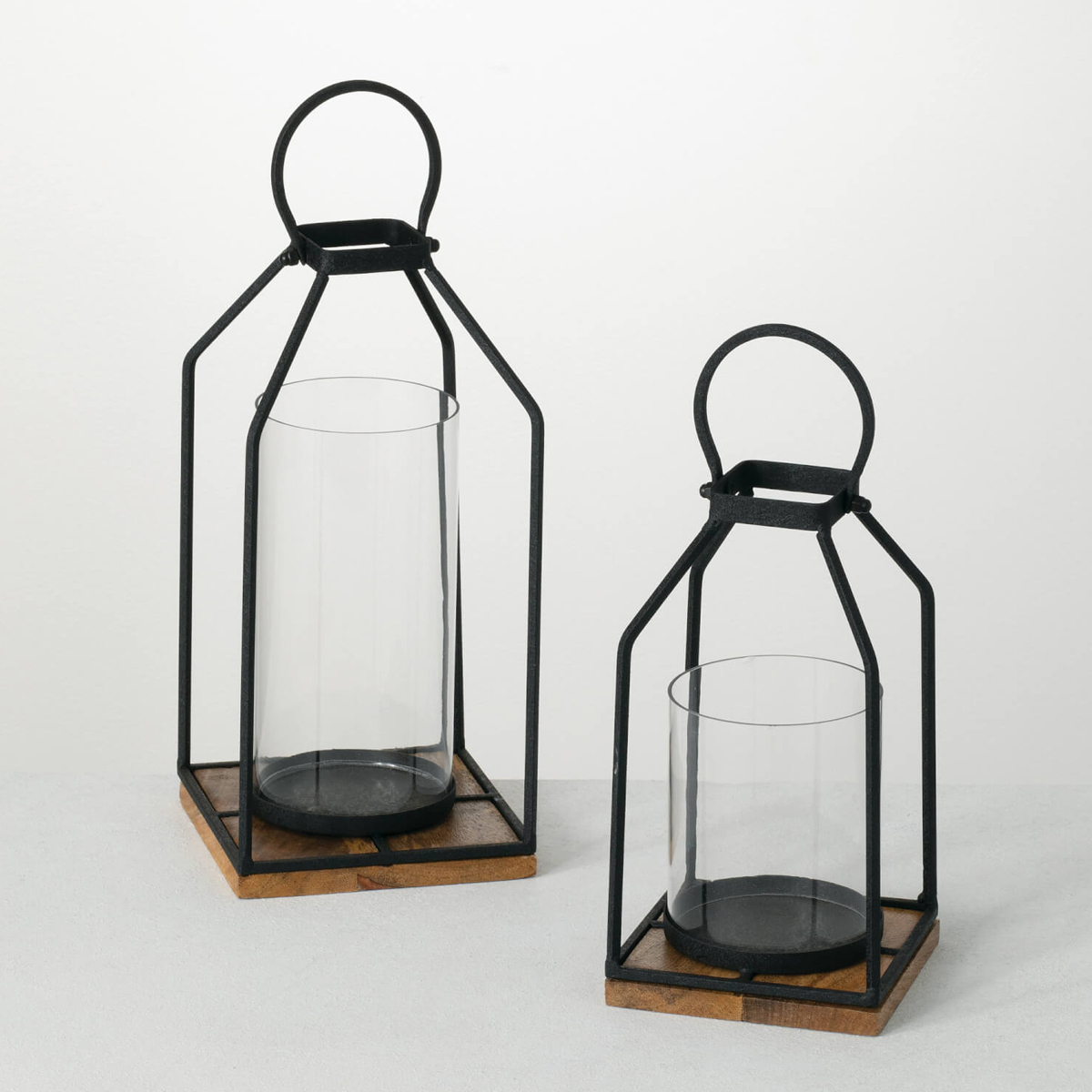 Picture of SET OF 2 IRON & WOOD LANTERN SET